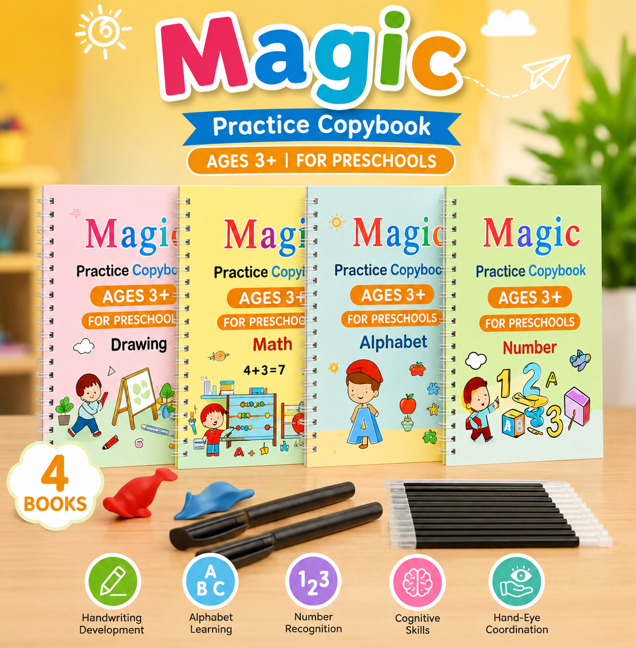 Magic Practice Copybook (4 BOOKS, 1 PEN, 1 GRIP, 10 REFILLS)- 50% OFF