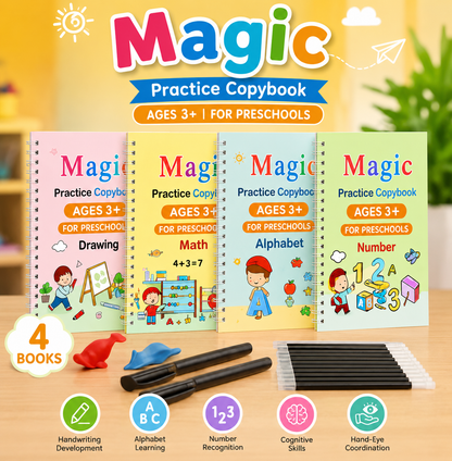 Magic Practice Copybook (4 BOOKS, 1 PEN, 1 GRIP, 10 REFILLS)- 50% OFF