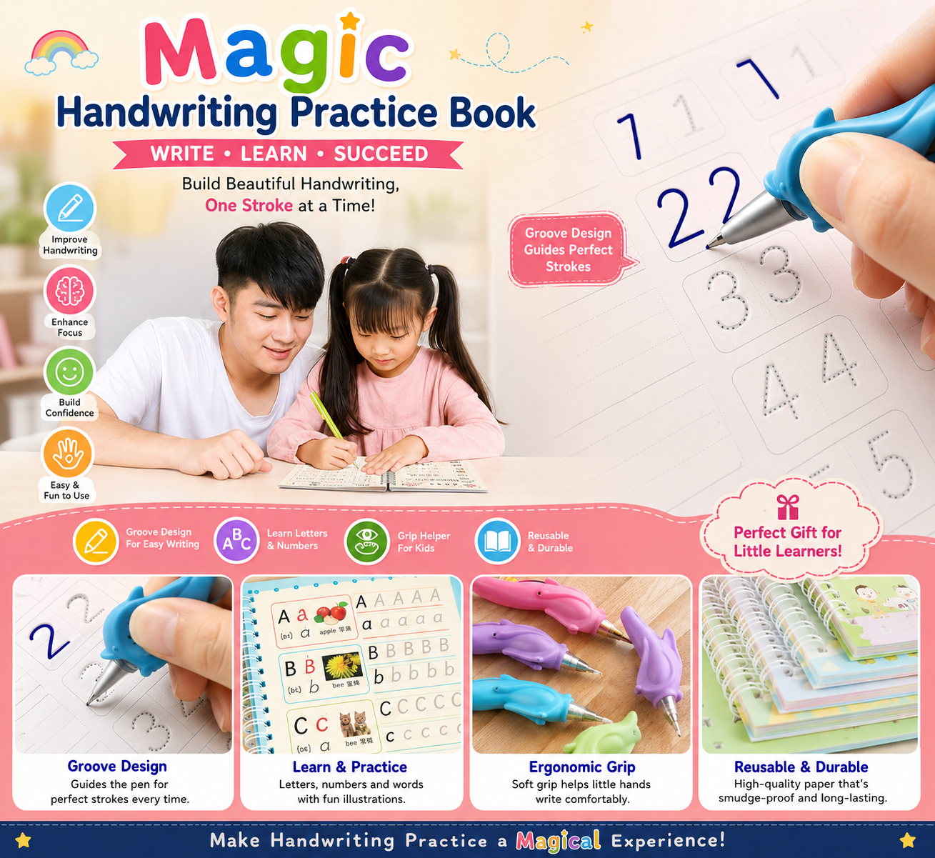 Magic Practice Copybook (4 BOOKS, 1 PEN, 1 GRIP, 10 REFILLS)- 50% OFF