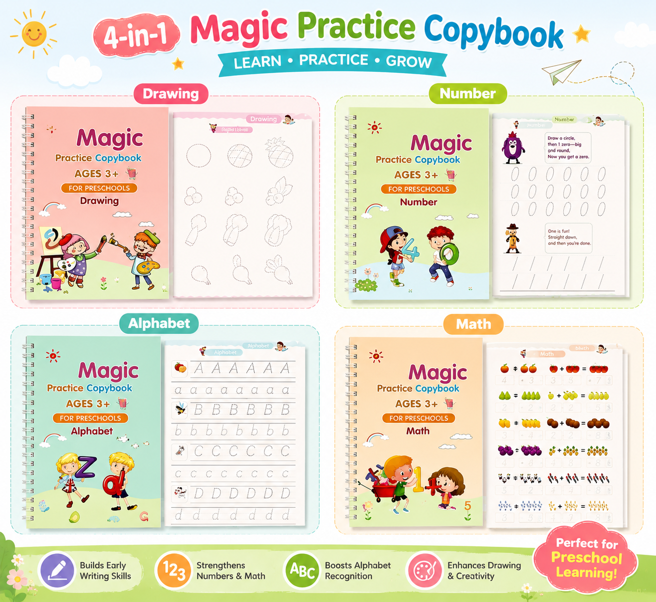 Magic Practice Copybook (4 BOOKS, 1 PEN, 1 GRIP, 10 REFILLS)- 50% OFF