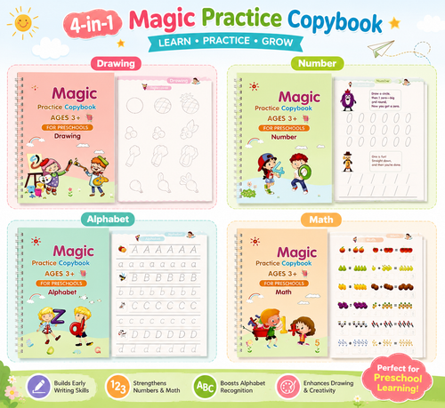 Magic Practice Copybook (4 BOOKS, 1 PEN, 1 GRIP, 10 REFILLS)- 50% OFF