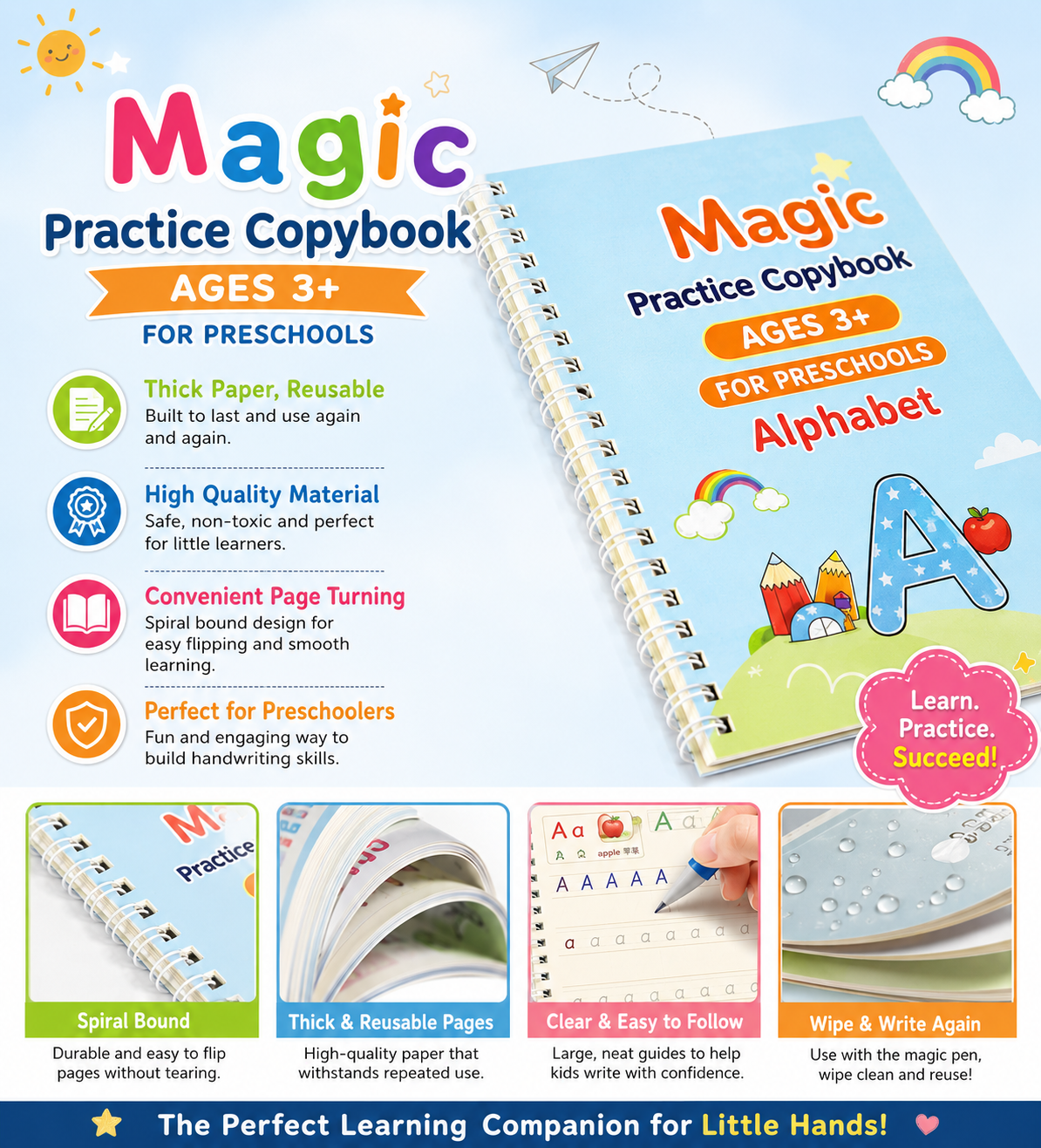 Magic Practice Copybook (4 BOOKS, 1 PEN, 1 GRIP, 10 REFILLS)- 50% OFF